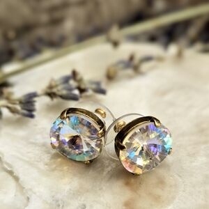 Large Astral Clear White  Sparkling Crystal Stud Earrings In Brass